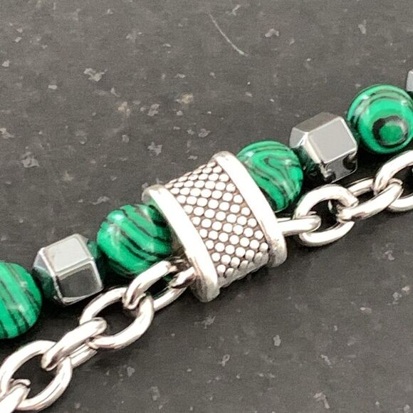 Women’s Malachite Green & Hematite Double Strand Beaded Bracelet with Chain - Picture 9 of 10